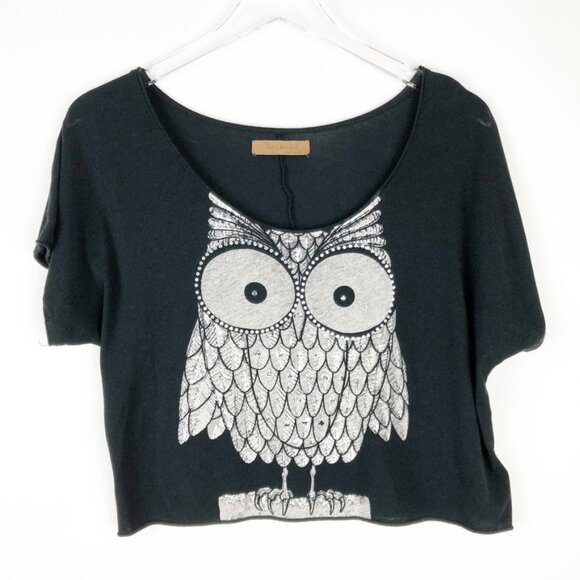 The Classic Crop Top Women's S Black Silver Metallic Owl Bedazzled - Picture 7 of 7